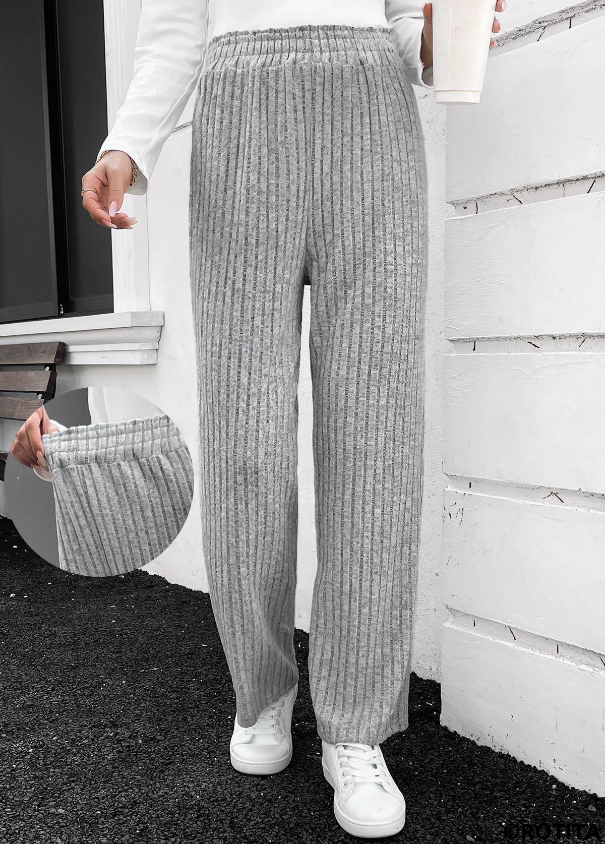 Grey bottoms,Plain Color bottoms,Grey Elastic Waist High Waisted Pants