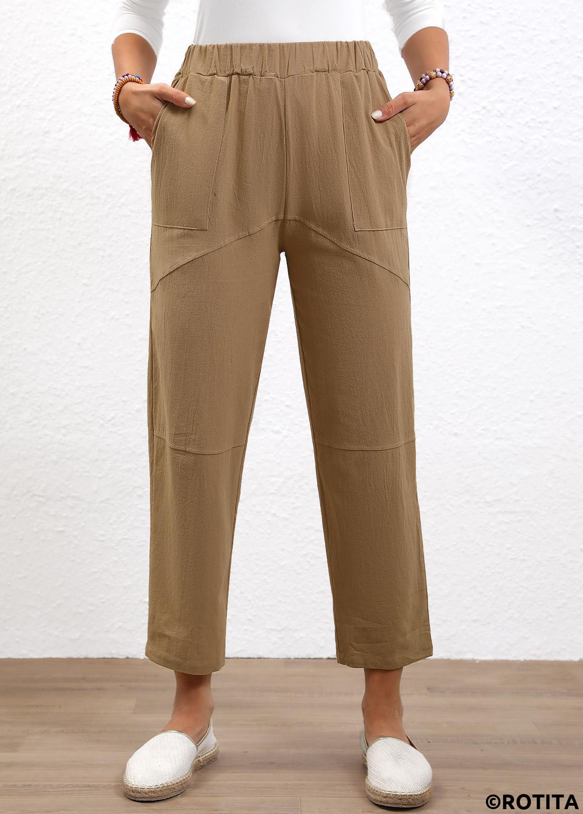 Light Coffee bottoms,Plain Color bottoms,Elastic Waist High Waisted Light Coffee Pants