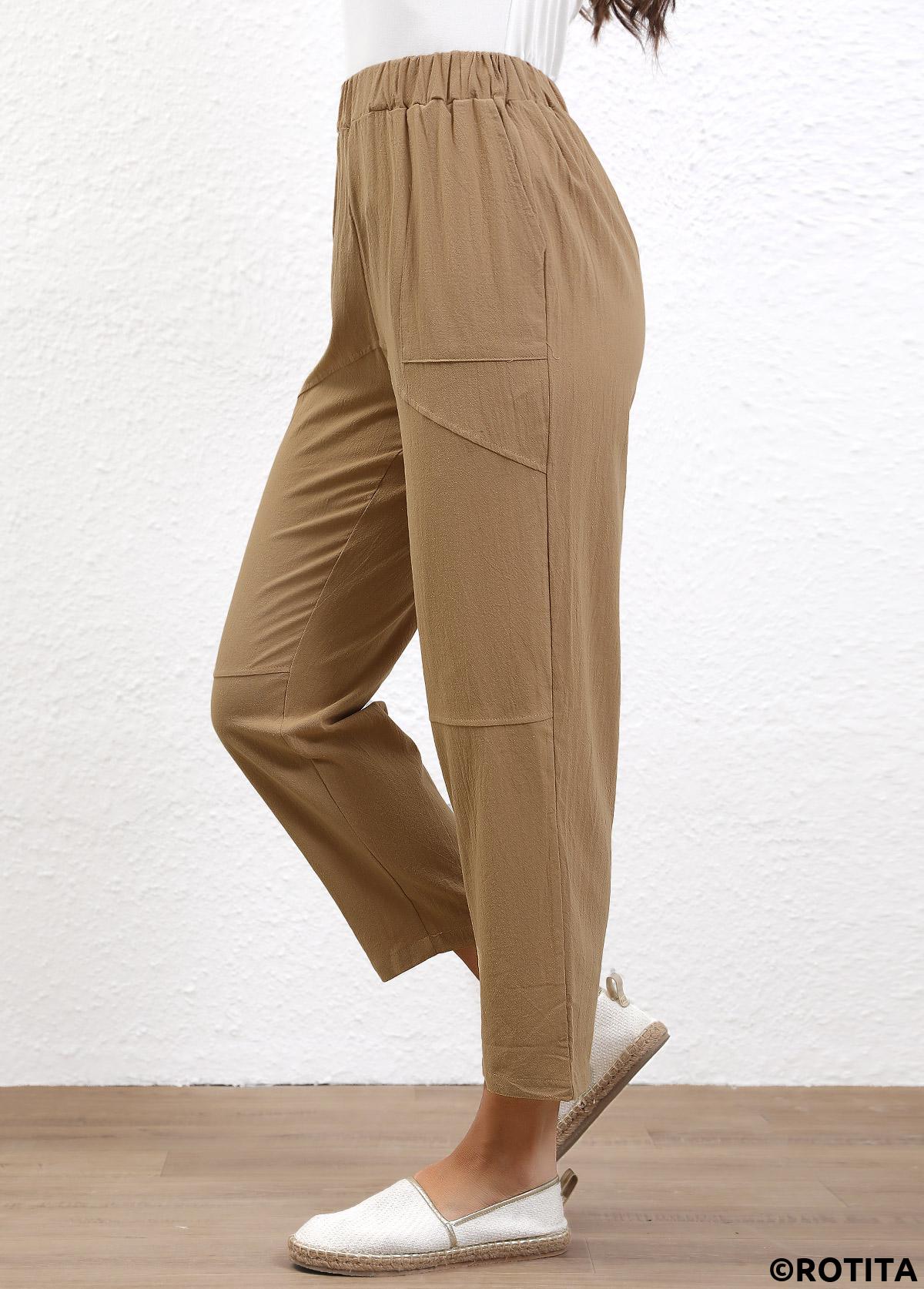 Light Coffee bottoms,Plain Color bottoms,Elastic Waist High Waisted Light Coffee Pants