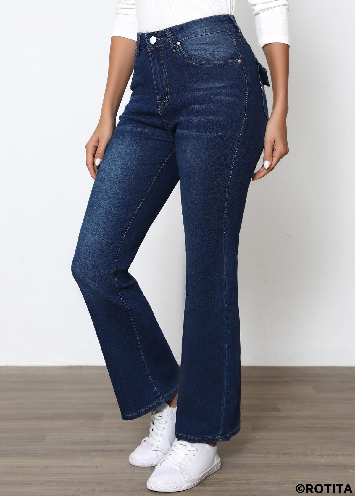Denim Blue bottoms,Plain Color bottoms,Button Denim Blue Flare Leg High Waisted Pants