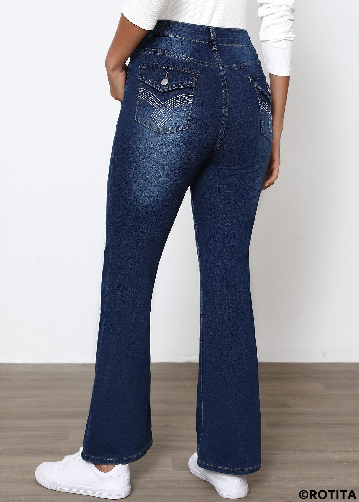 Denim Blue bottoms,Plain Color bottoms,Button Denim Blue Flare Leg High Waisted Pants
