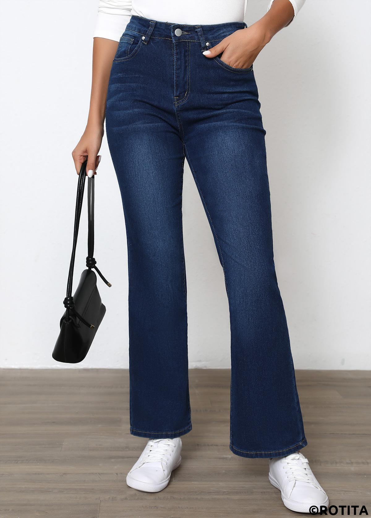 Denim Blue bottoms,Plain Color bottoms,Button Denim Blue Flare Leg High Waisted Pants