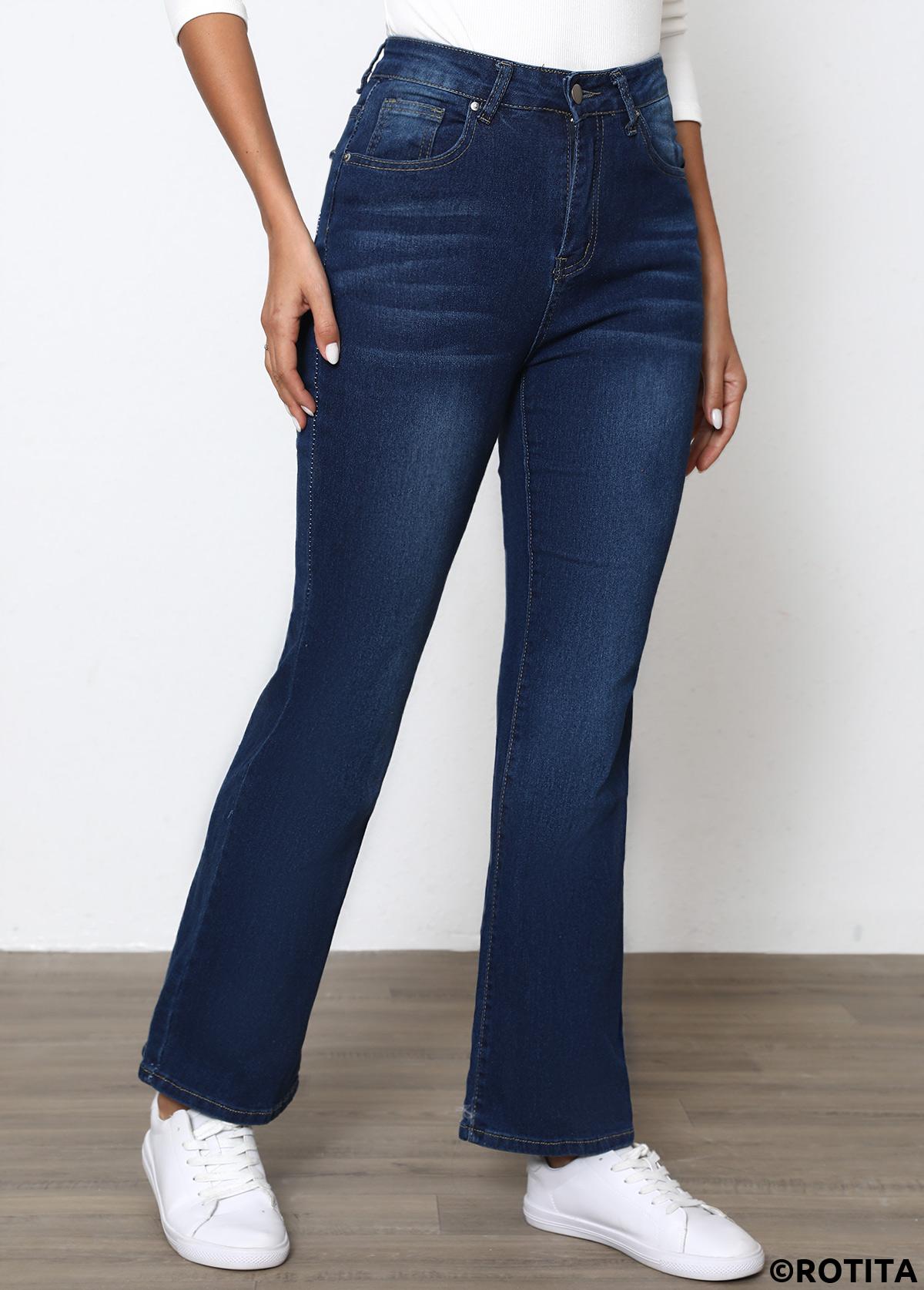 Denim Blue bottoms,Plain Color bottoms,Button Denim Blue Flare Leg High Waisted Pants
