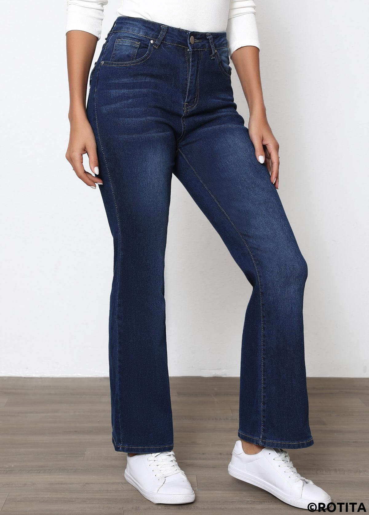 Denim Blue bottoms,Plain Color bottoms,Button Denim Blue Flare Leg High Waisted Pants
