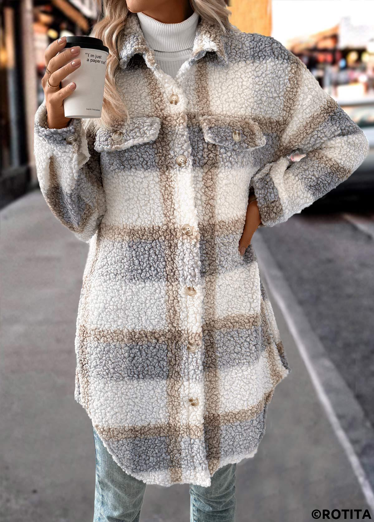 Raw white tops,Plaid tops,Button Plaid Raw White Turn Down Collar Coat