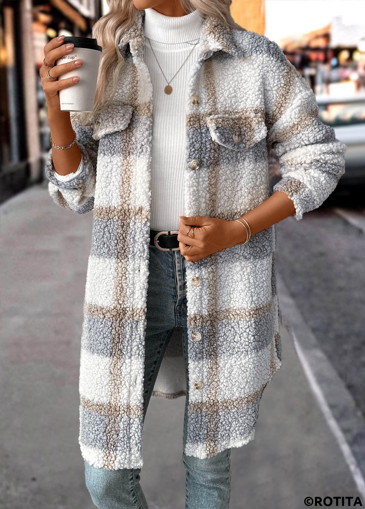 Raw white tops,Plaid tops,Button Plaid Raw White Turn Down Collar Coat