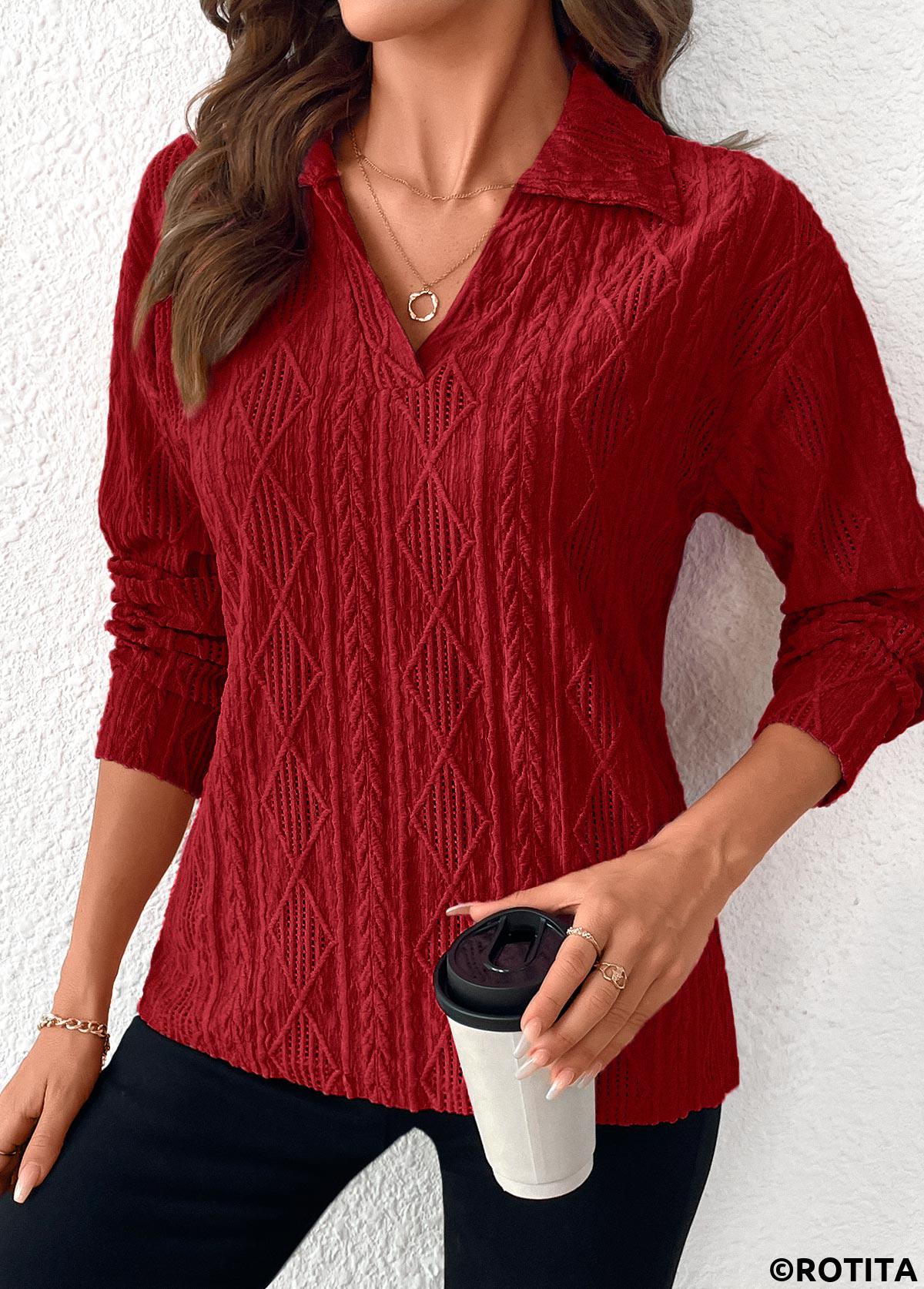Wine Red plus size,Plain Color plus size,ROTITA Lace Wine Red Turn Down Collar Long Sleeve Blouse