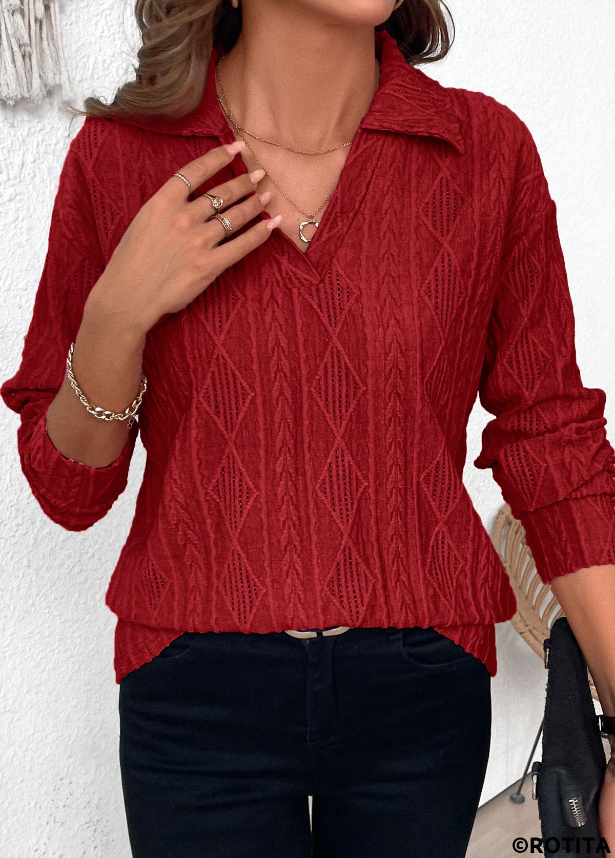 Wine Red plus size,Plain Color plus size,ROTITA Lace Wine Red Turn Down Collar Long Sleeve Blouse