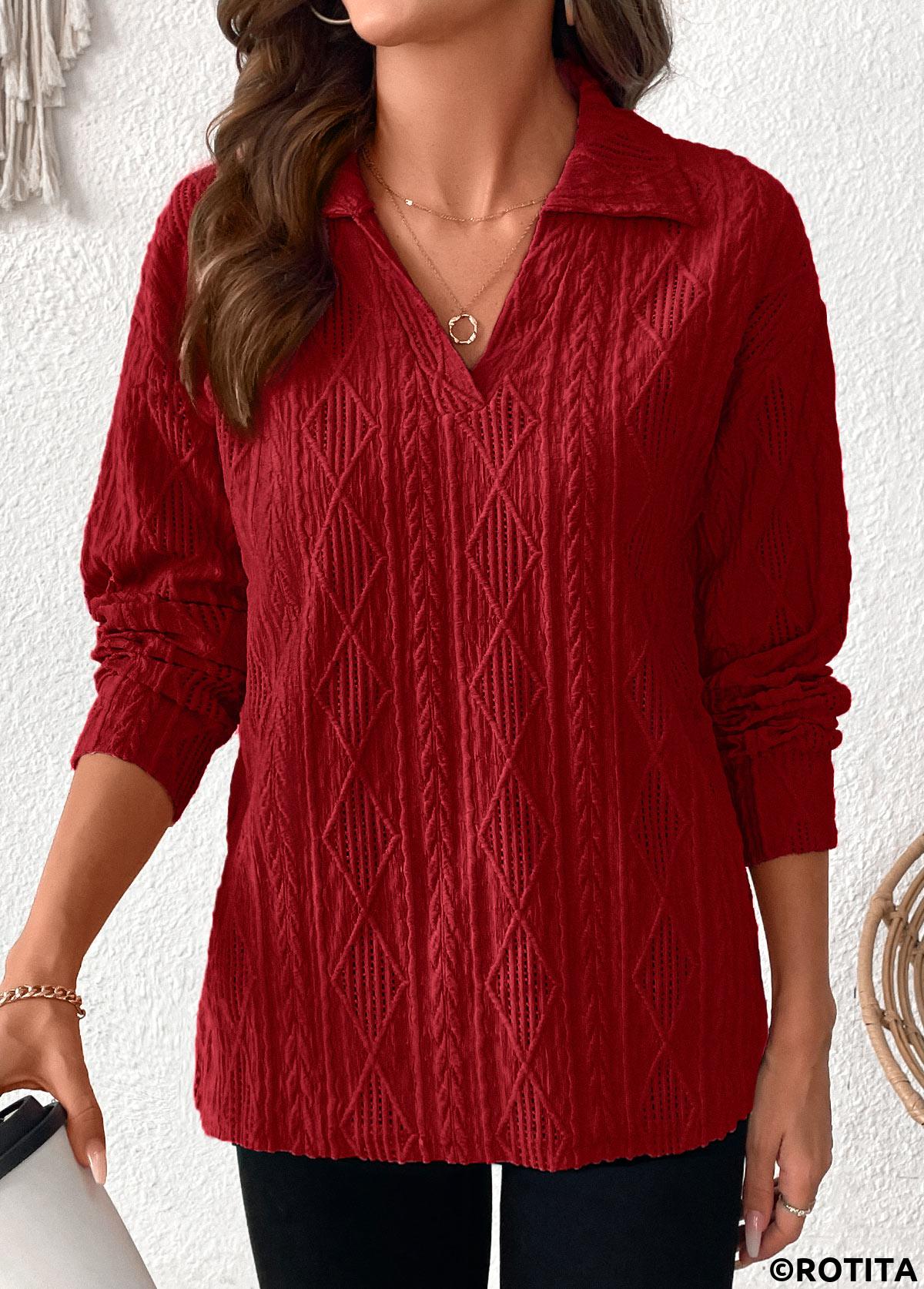 Wine Red plus size,Plain Color plus size,ROTITA Lace Wine Red Turn Down Collar Long Sleeve Blouse