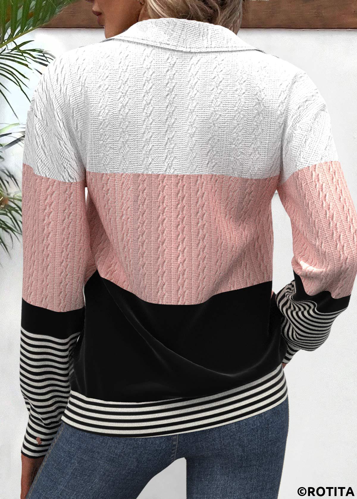 ROTITA Patchwork Striped Black Turn Down Collar Long Sleeve Sweatshirt