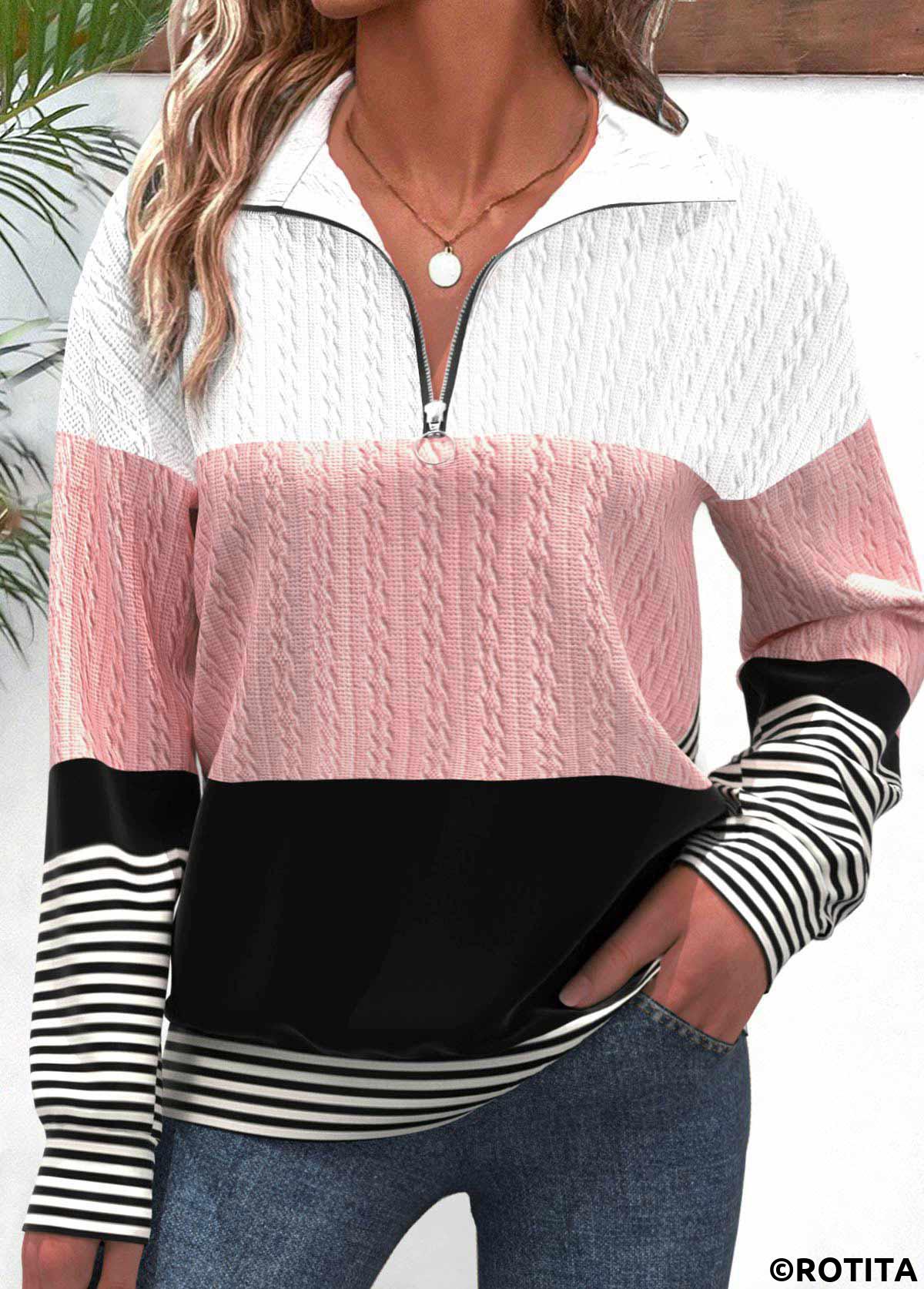 ROTITA Patchwork Striped Black Turn Down Collar Long Sleeve Sweatshirt