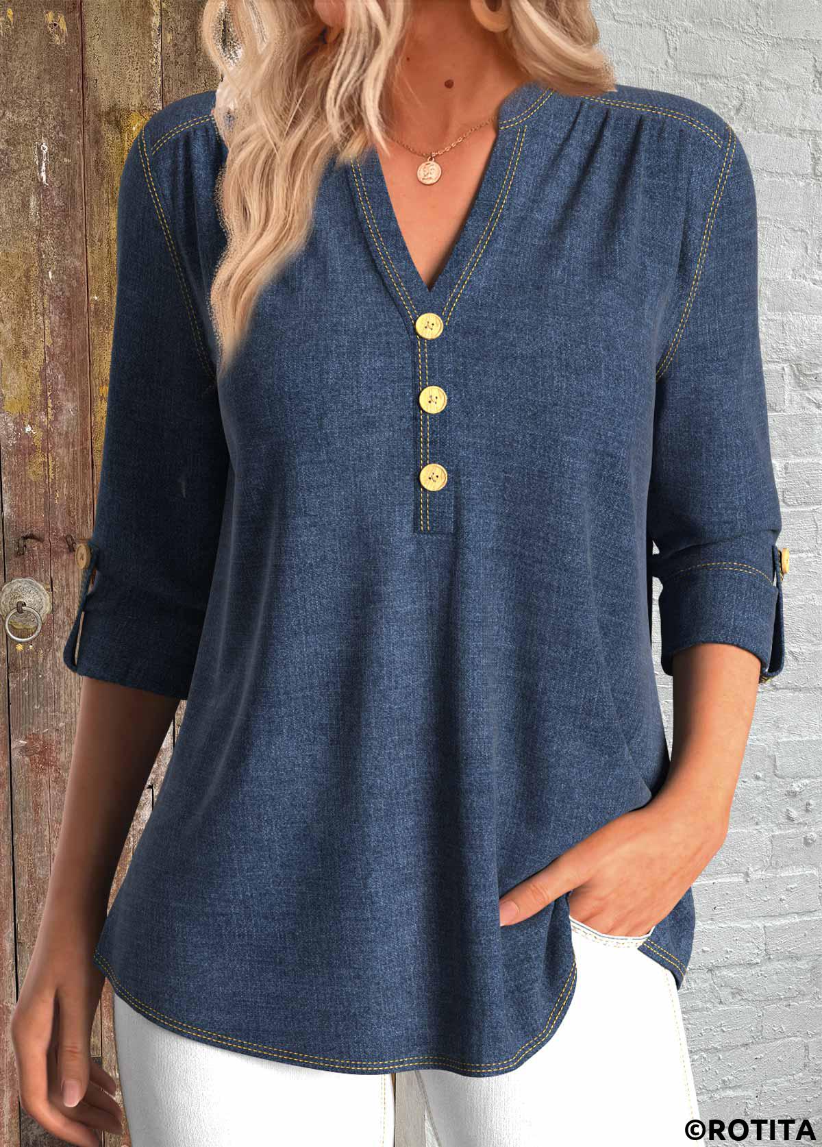 Denim Blue tops,Plain Color tops,ROTITA Split Denim Blue 3/4 Sleeve Tunic Shirt