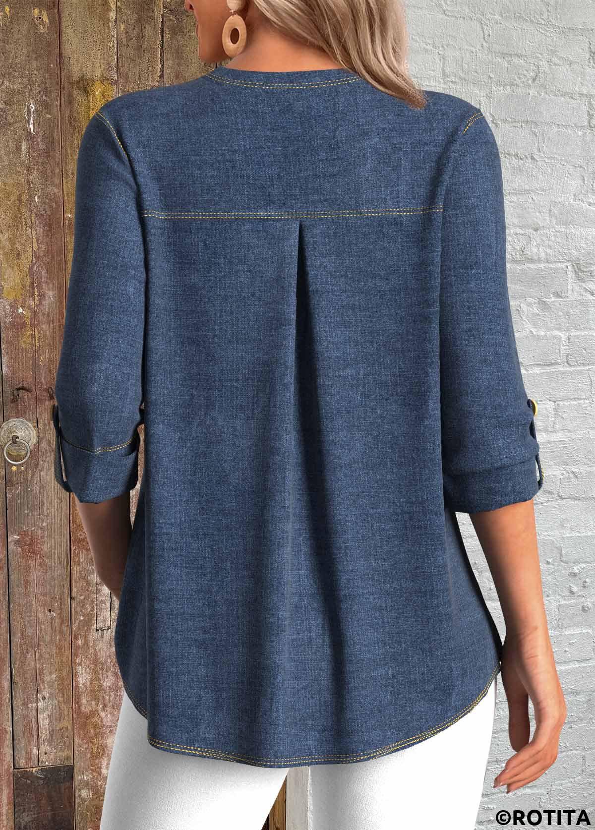 Denim Blue tops,Plain Color tops,ROTITA Split Denim Blue 3/4 Sleeve Tunic Shirt