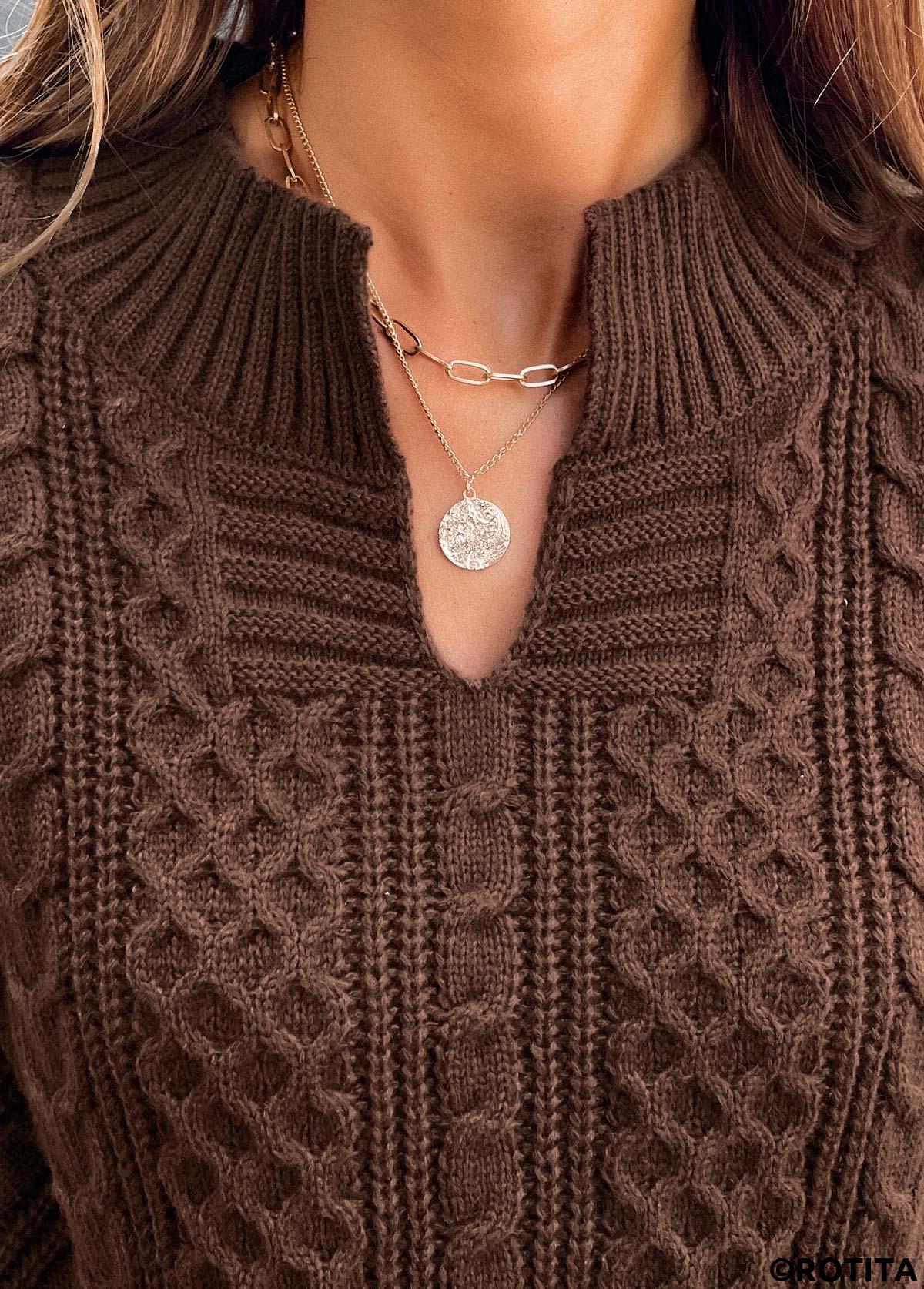 Dark Coffee tops,Plain Color tops,Split Dark Coffee Long Sleeve Sweater