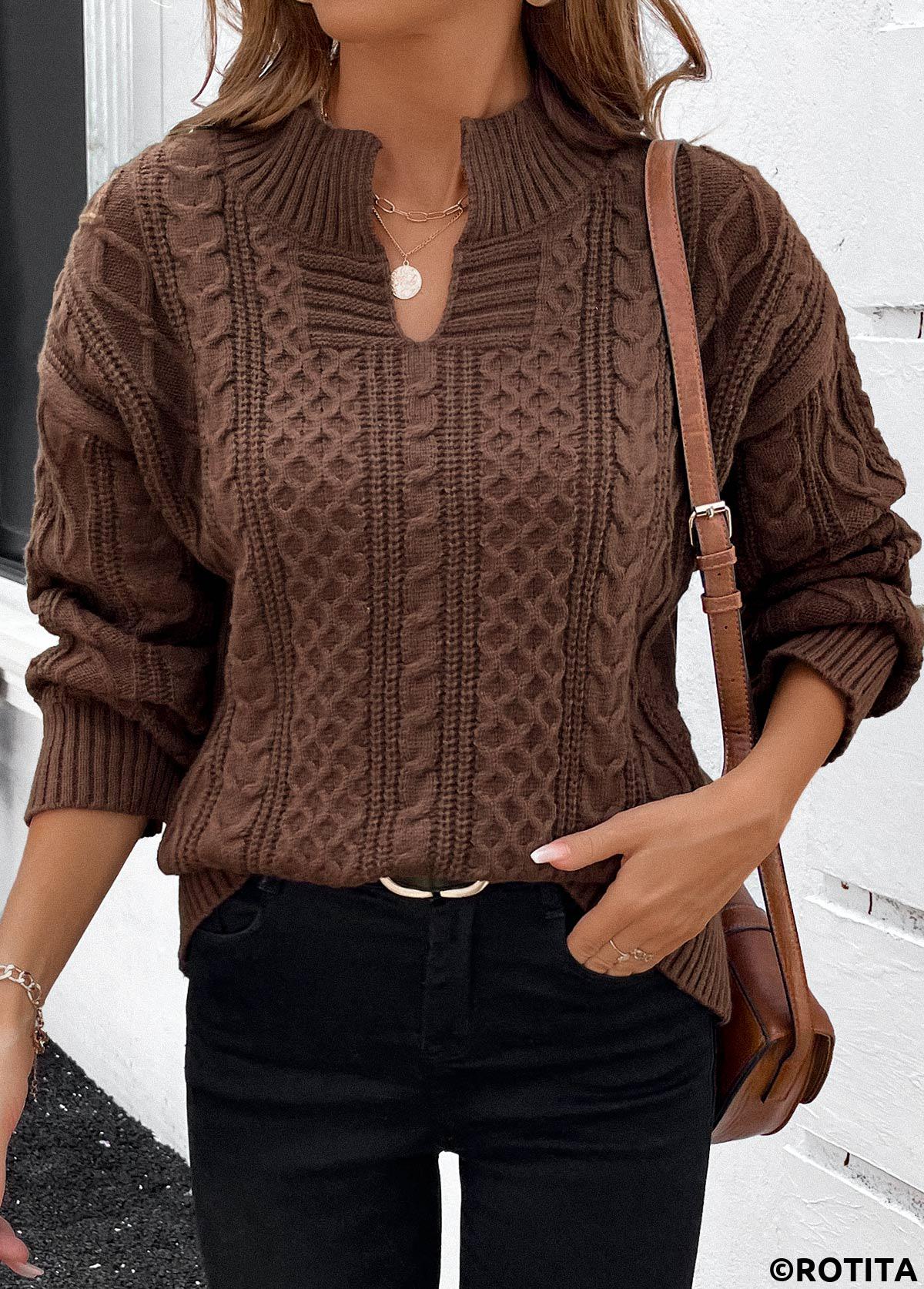 Dark Coffee tops,Plain Color tops,Split Dark Coffee Long Sleeve Sweater
