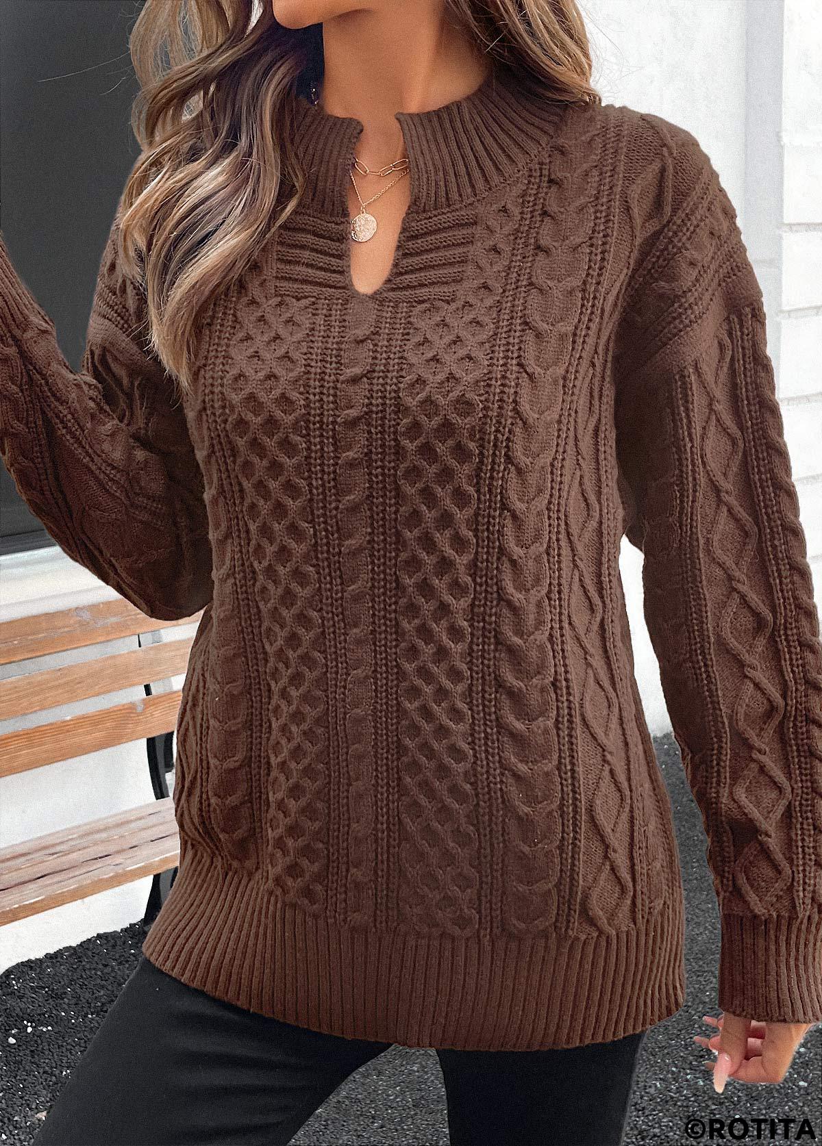 Dark Coffee tops,Plain Color tops,Split Dark Coffee Long Sleeve Sweater