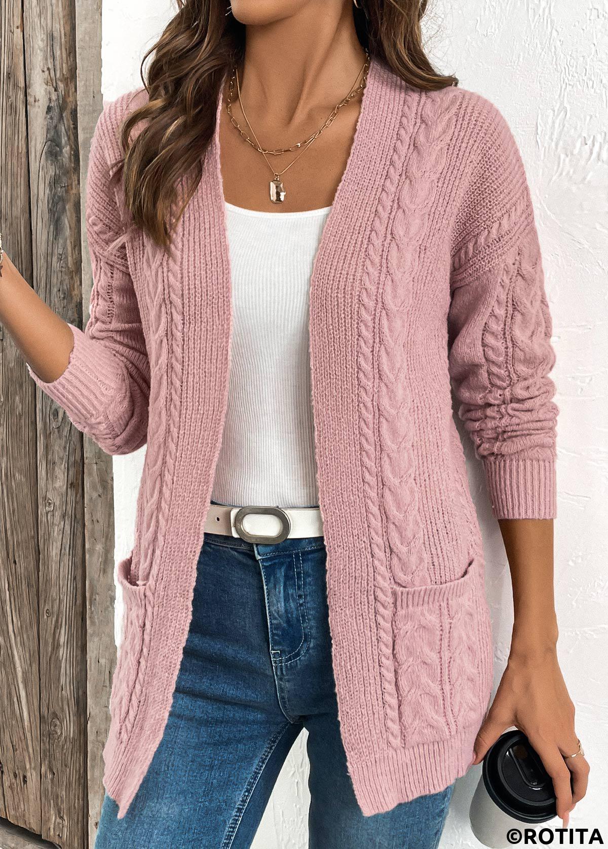 Light Pink tops,Plain Color tops,Patchwork Light Pink Long Sleeve Cardigan