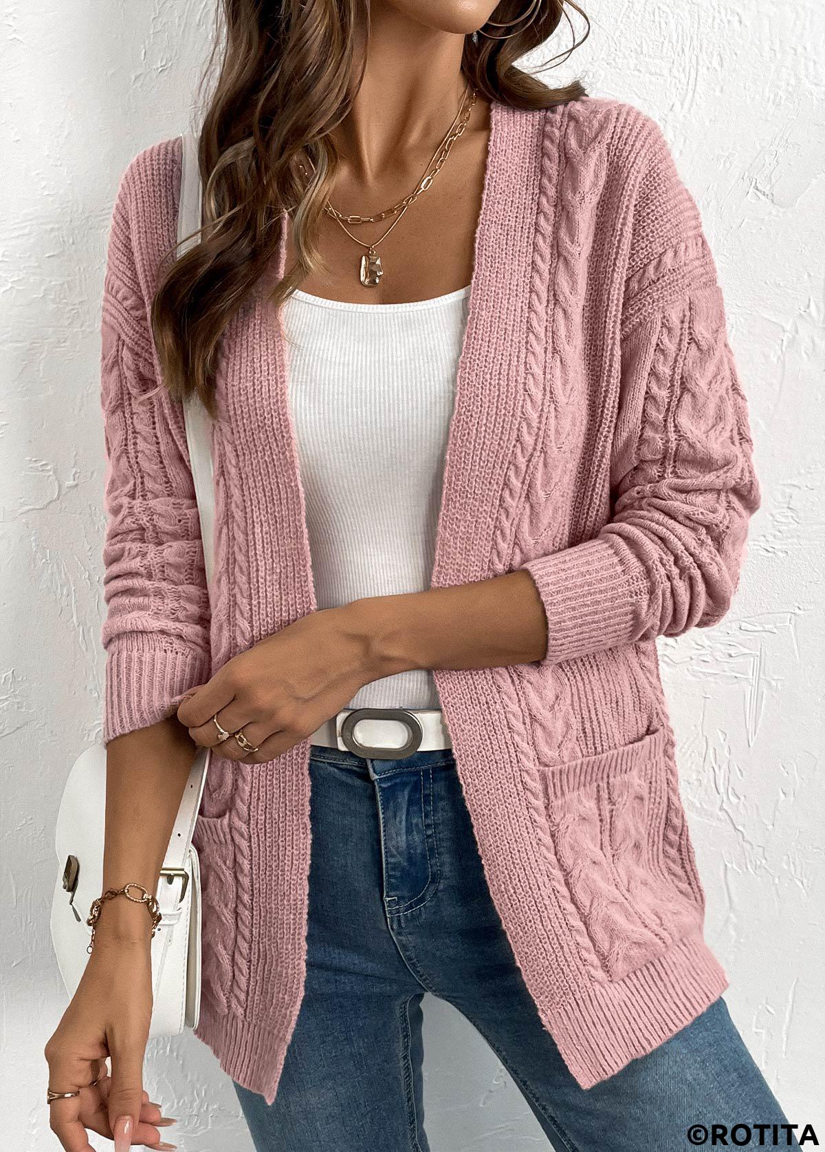 Light Pink tops,Plain Color tops,Patchwork Light Pink Long Sleeve Cardigan