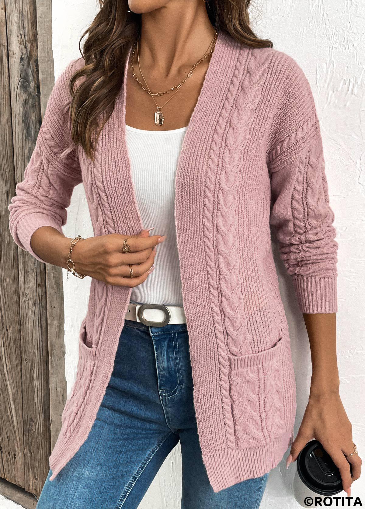 Light Pink tops,Plain Color tops,Patchwork Light Pink Long Sleeve Cardigan