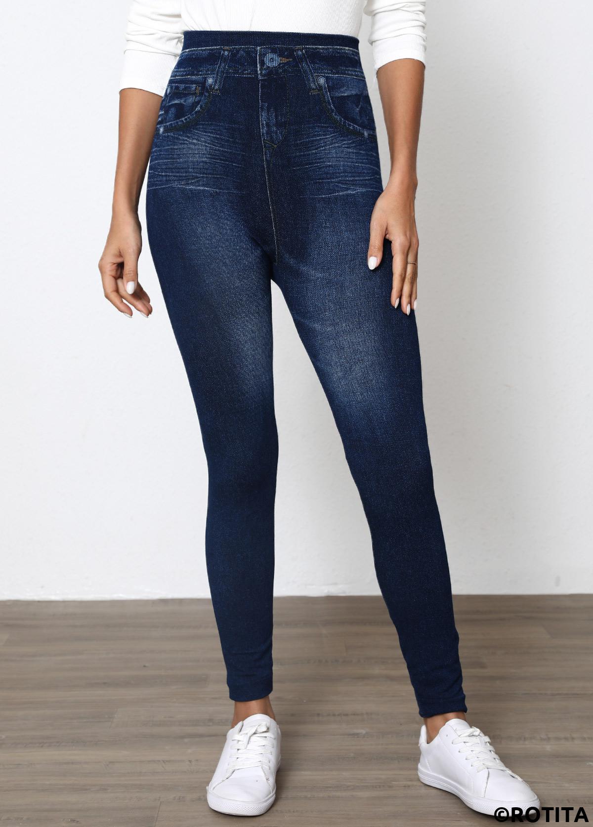 Denim Blue bottoms,Denim-Effect Print bottoms,Denim-Effect Print High Waisted Elastic Waist Ankle Length Leggings