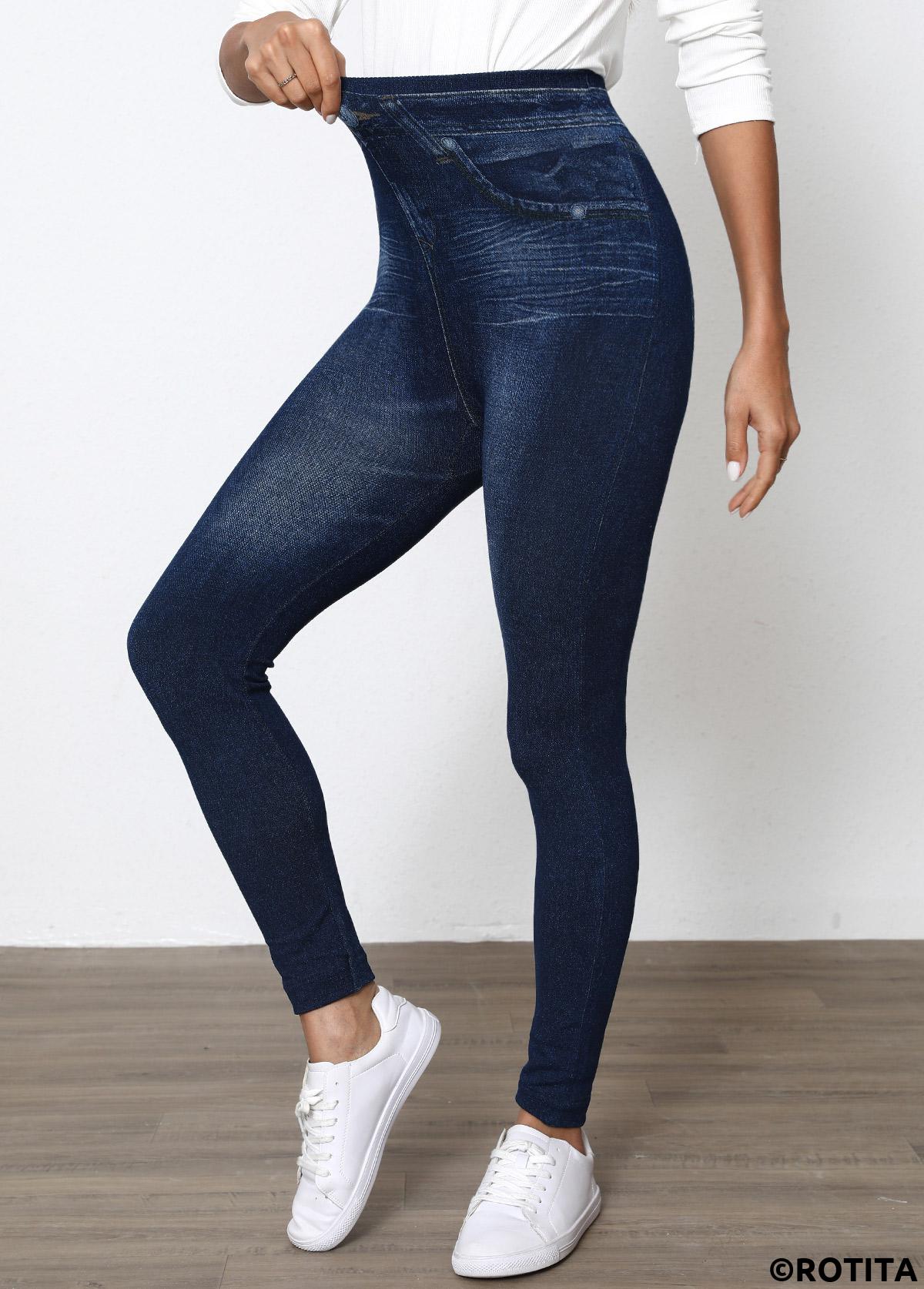 Denim Blue bottoms,Denim-Effect Print bottoms,Denim-Effect Print High Waisted Elastic Waist Ankle Length Leggings