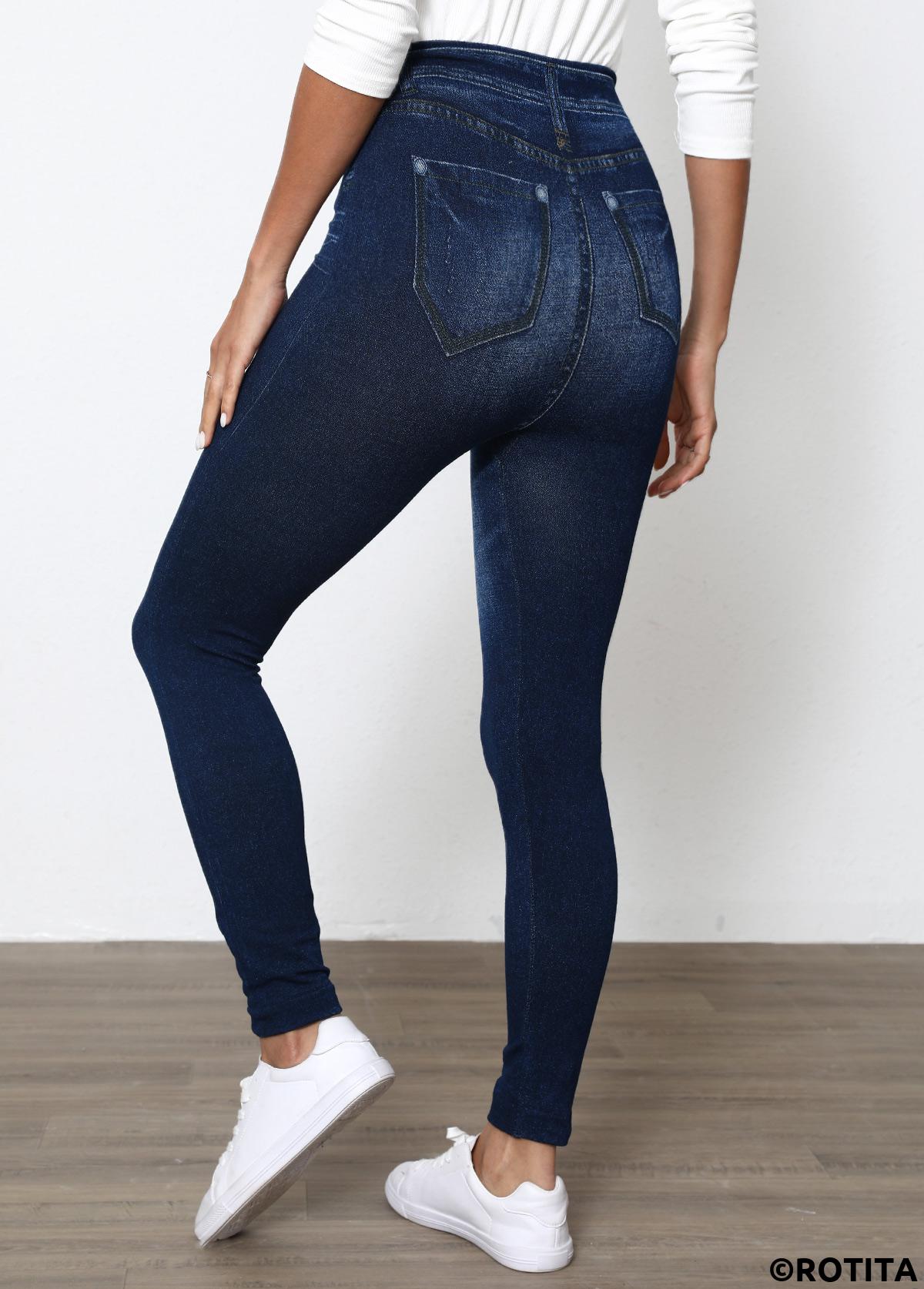 Denim Blue bottoms,Denim-Effect Print bottoms,Denim-Effect Print High Waisted Elastic Waist Ankle Length Leggings