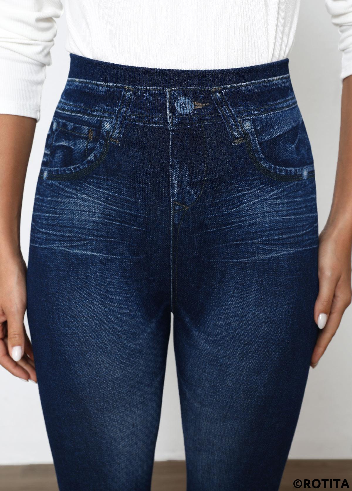 Denim Blue bottoms,Denim-Effect Print bottoms,Denim-Effect Print High Waisted Elastic Waist Ankle Length Leggings