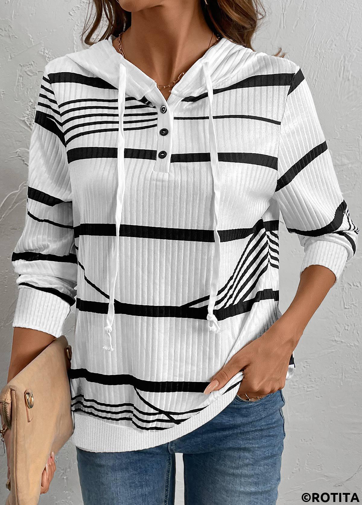 White tops,Striped tops,Geometric tops,ROTITA Drawstring Striped White Long Sleeve Hoodie