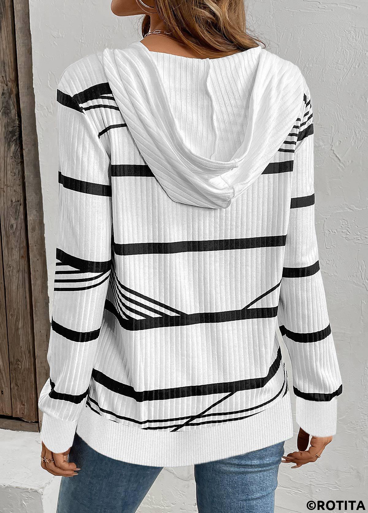 White tops,Striped tops,Geometric tops,ROTITA Drawstring Striped White Long Sleeve Hoodie