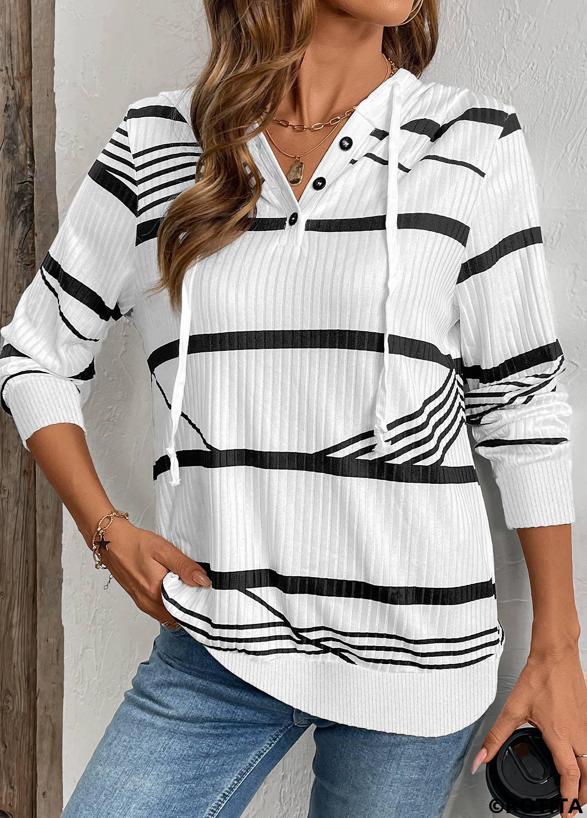 White tops,Striped tops,Geometric tops,ROTITA Drawstring Striped White Long Sleeve Hoodie