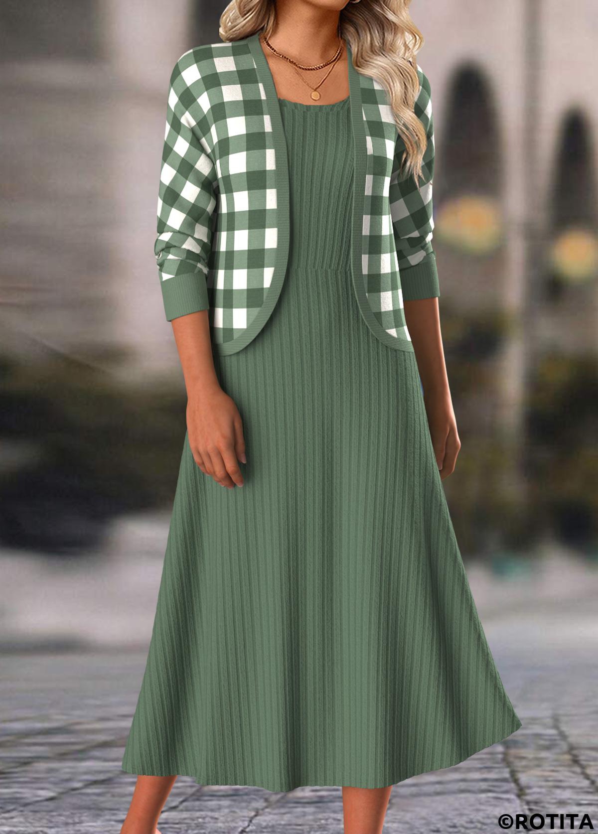 Sage Green dresses,Geometric dresses,Plaid dresses,Everyday dresses,Casual dresses,ROTITA Two Piece Plaid Sage Green Dress and Cardigan