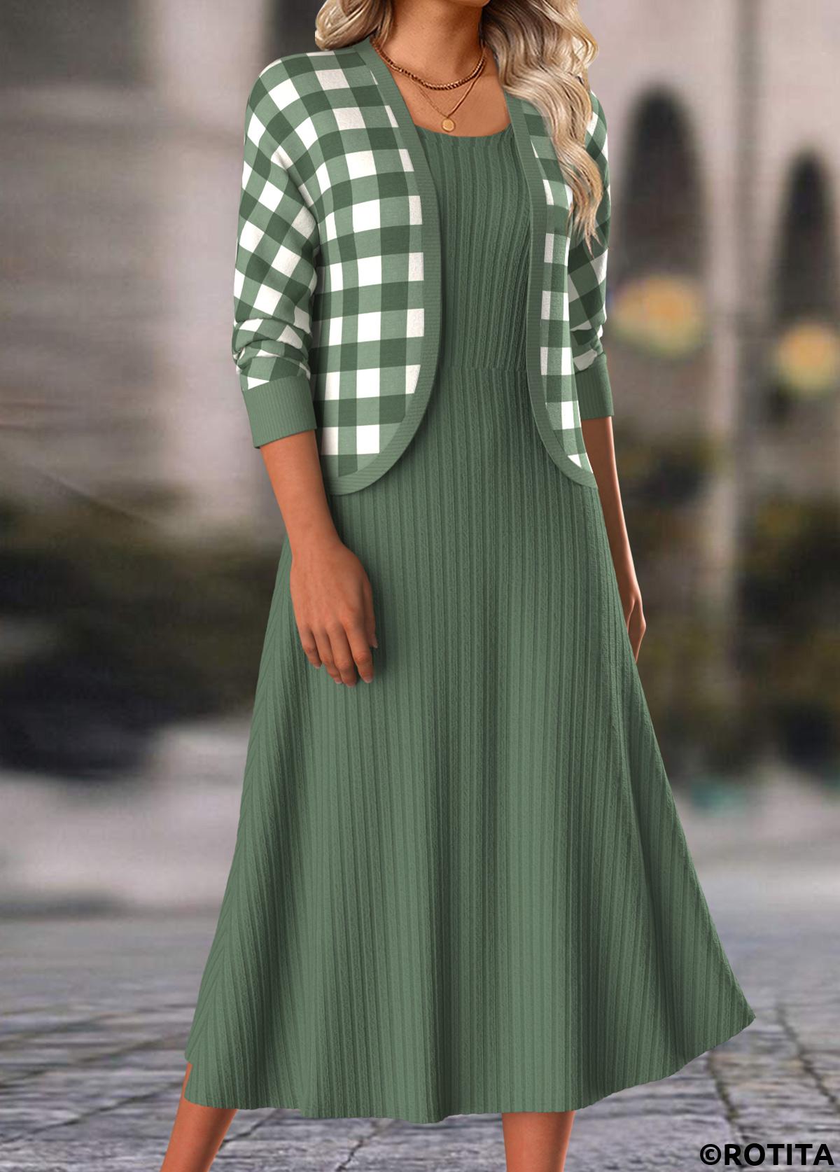Sage Green dresses,Geometric dresses,Plaid dresses,Everyday dresses,Casual dresses,ROTITA Two Piece Plaid Sage Green Dress and Cardigan