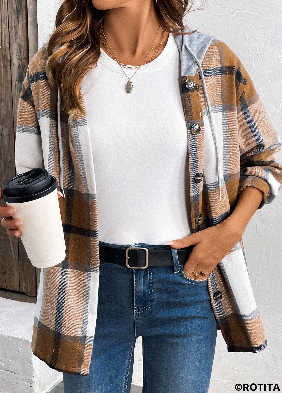 ROTITA Drawstring Plaid Dark Coffee Hooded Long Sleeve Shirt
