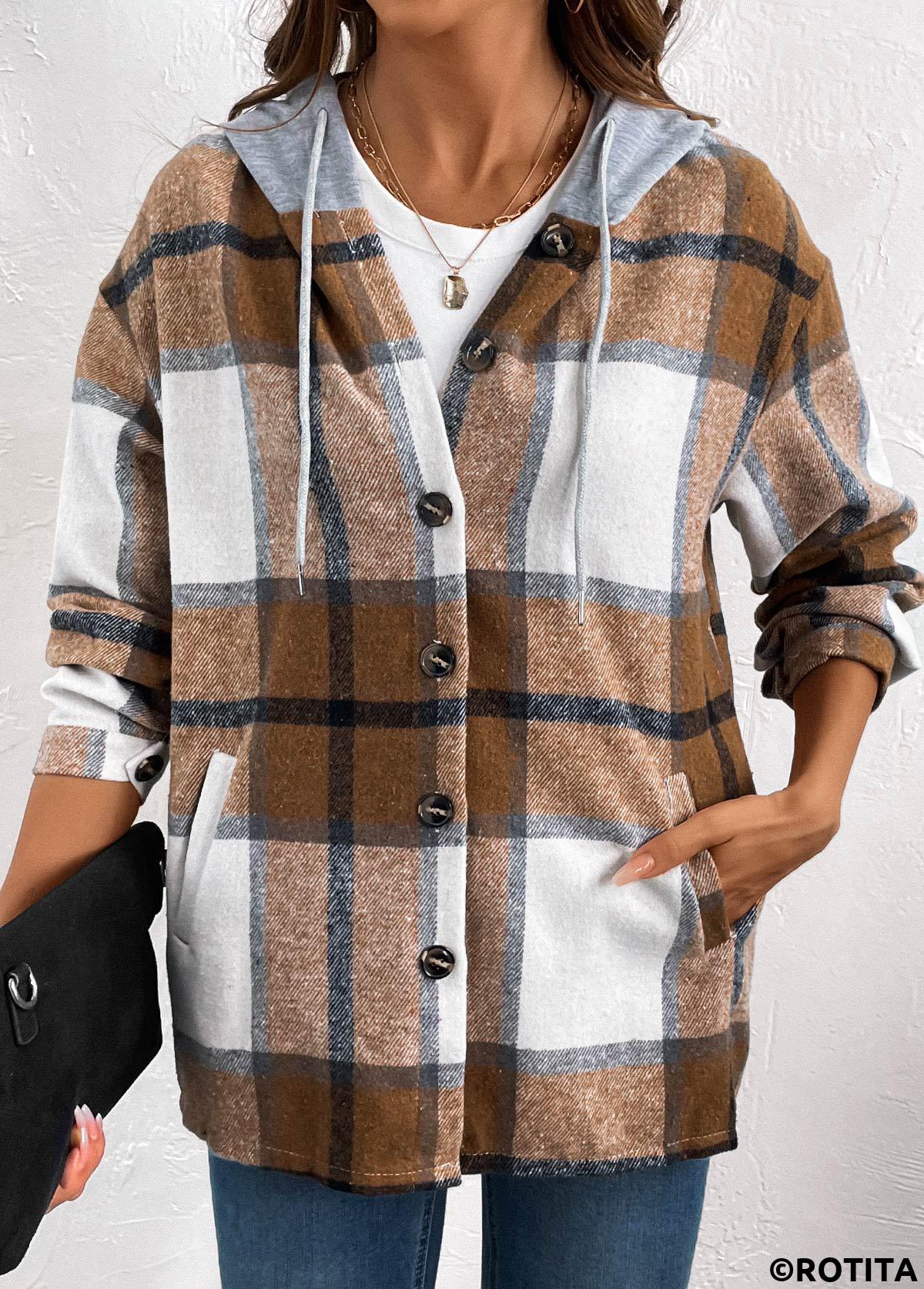 ROTITA Drawstring Plaid Dark Coffee Hooded Long Sleeve Shirt