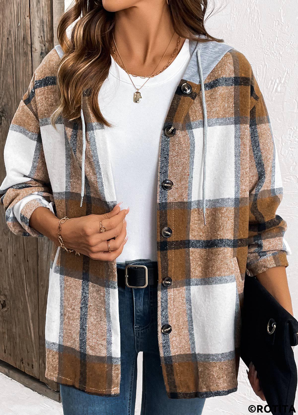 ROTITA Drawstring Plaid Dark Coffee Hooded Long Sleeve Shirt