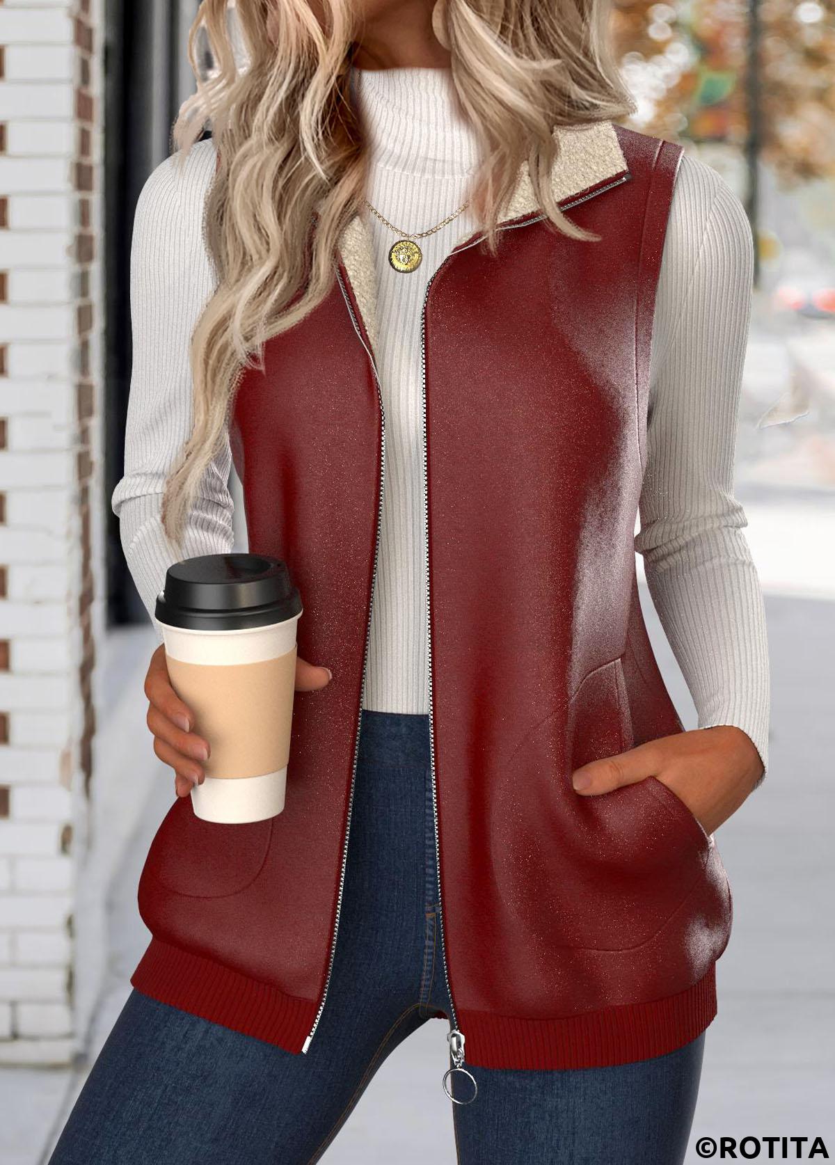 Deep Red tops,Contrast Color tops,ROTITA Patchwork Deep Red Stand Collar Sleeveless Waistcoat