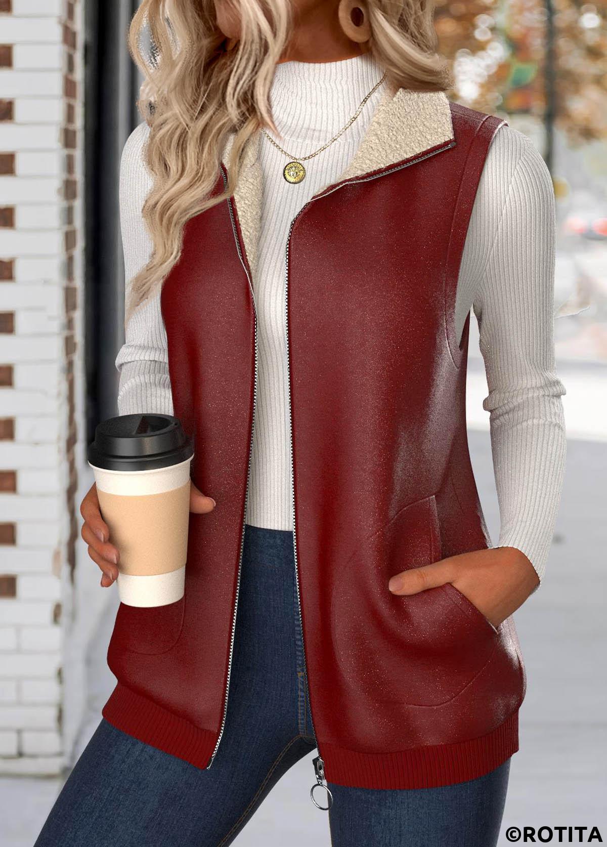 Deep Red tops,Contrast Color tops,ROTITA Patchwork Deep Red Stand Collar Sleeveless Waistcoat