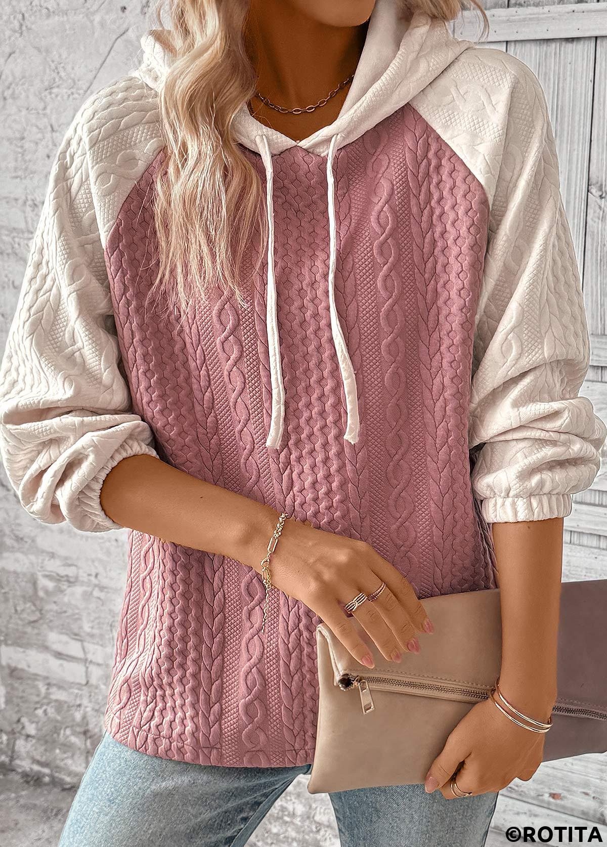 ROTITA Patchwork Jacquard Pink Long Sleeve Hoodie