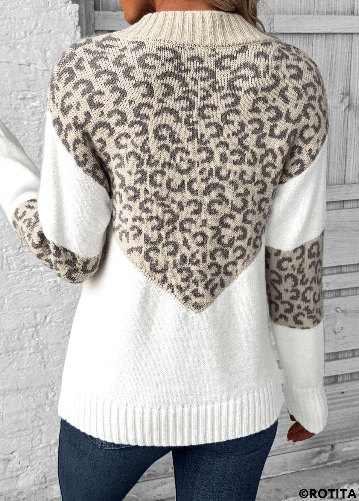 Light Camel tops,Leopard tops,Animal Print tops,Patchwork Leopard Light Camel V Neck Long Sleeve Sweater