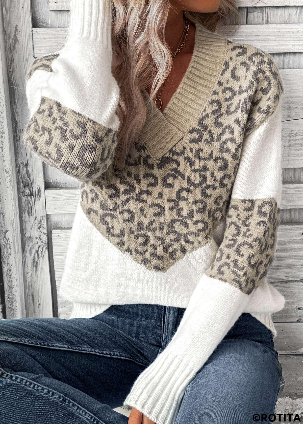 Light Camel tops,Leopard tops,Animal Print tops,Patchwork Leopard Light Camel V Neck Long Sleeve Sweater