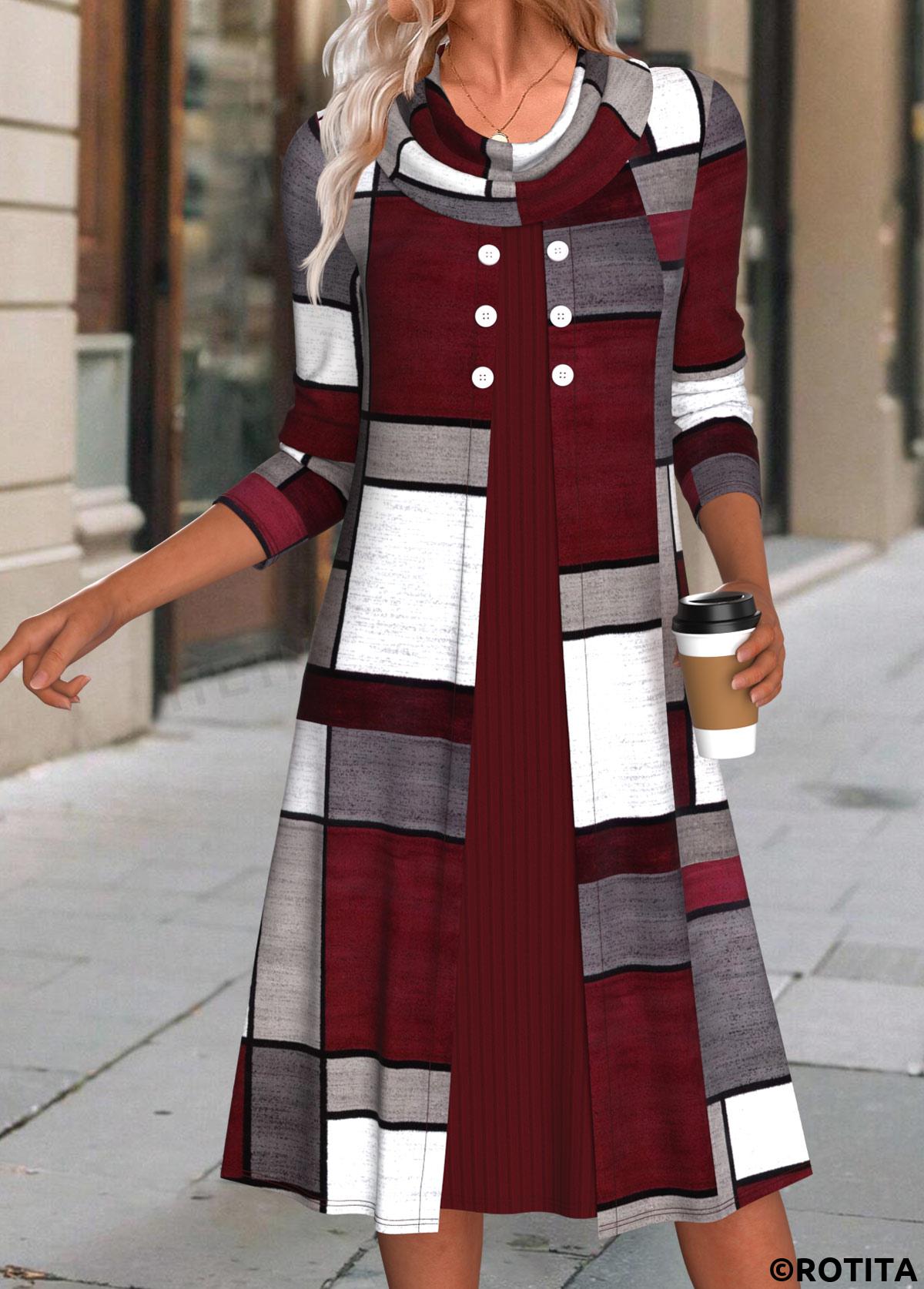 Wine Red dresses,Geometric dresses,Everyday dresses,Casual dresses,ROTITA Button Geometric Print Wine Red A Line Dress