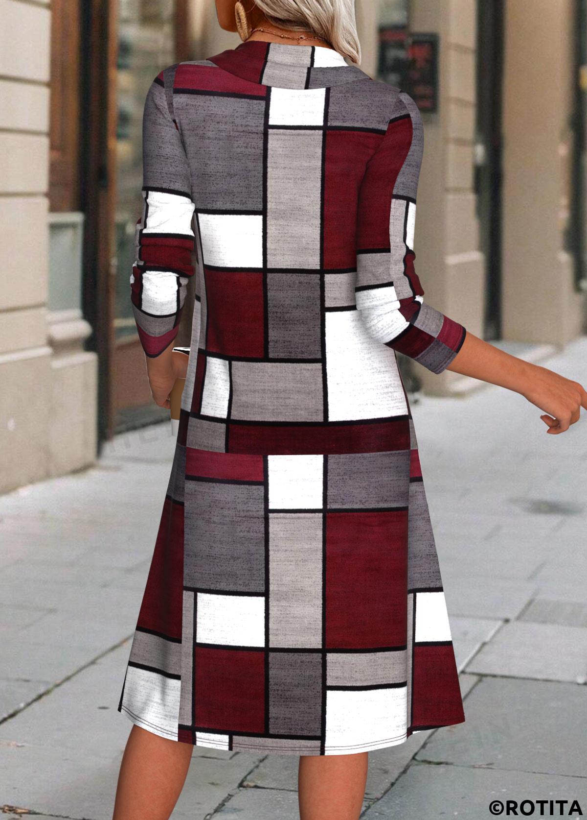 Wine Red dresses,Geometric dresses,Everyday dresses,Casual dresses,ROTITA Button Geometric Print Wine Red A Line Dress