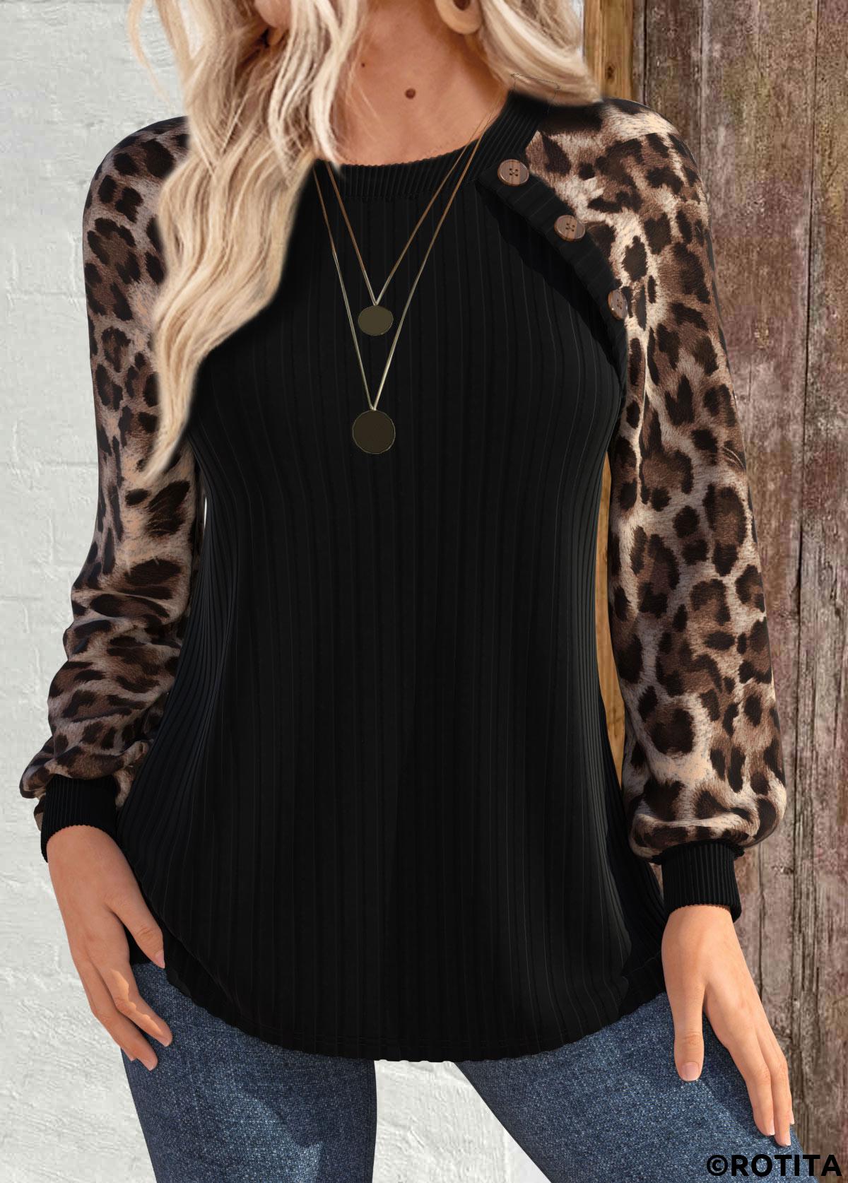 Black tops,Leopard tops,ROTITA Patchwork Leopard Black Round Neck Long Sleeve Sweatshirt