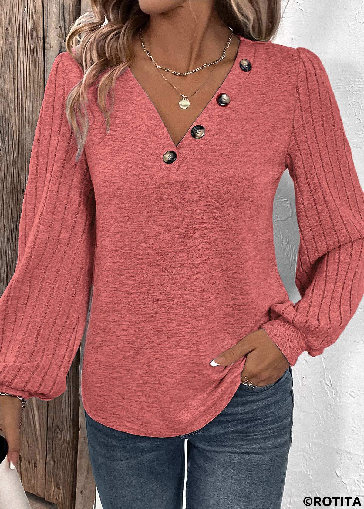Dusty Pink tops,Plain Color tops,ROTITA Patchwork Dusty Pink V Neck Long Sleeve Sweatshirt