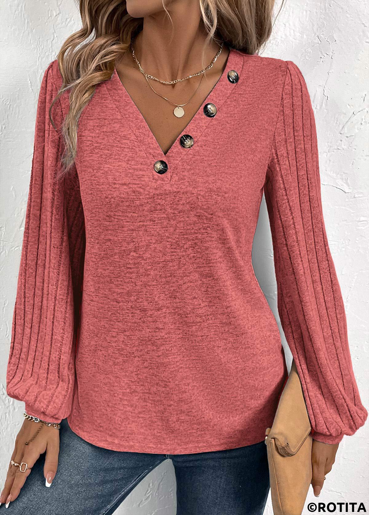 Dusty Pink tops,Plain Color tops,ROTITA Patchwork Dusty Pink V Neck Long Sleeve Sweatshirt