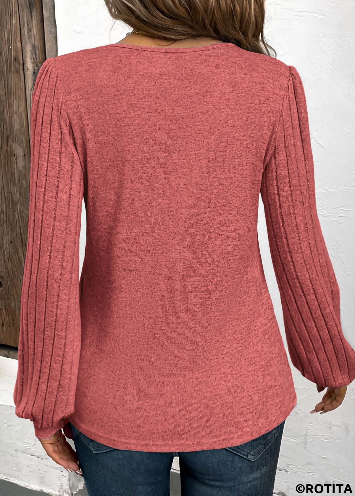 Dusty Pink tops,Plain Color tops,ROTITA Patchwork Dusty Pink V Neck Long Sleeve Sweatshirt
