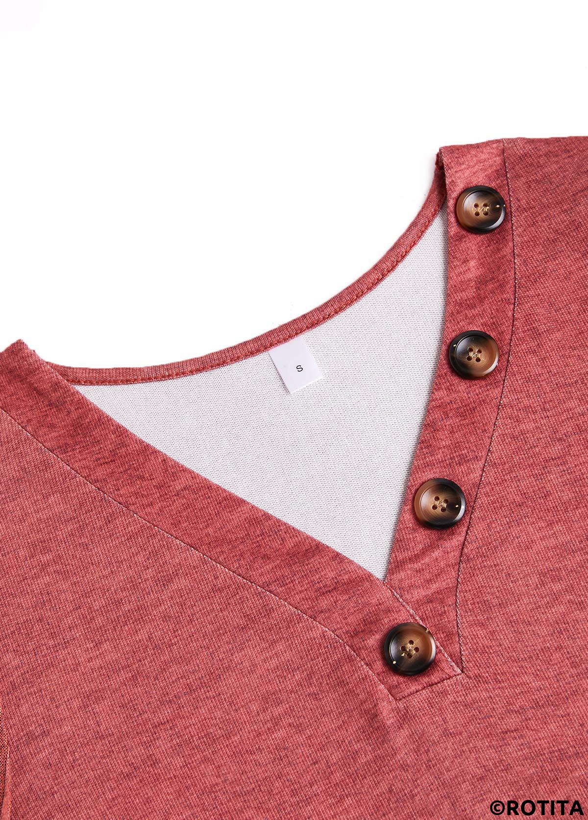 Dusty Pink tops,Plain Color tops,ROTITA Patchwork Dusty Pink V Neck Long Sleeve Sweatshirt
