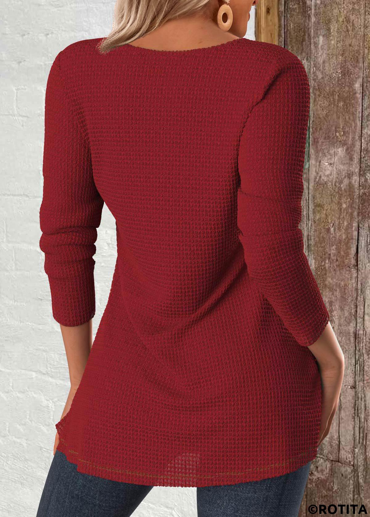 Red tops,Plain Color tops,ROTITA Lace Red Square Neck Long Sleeve T Shirt