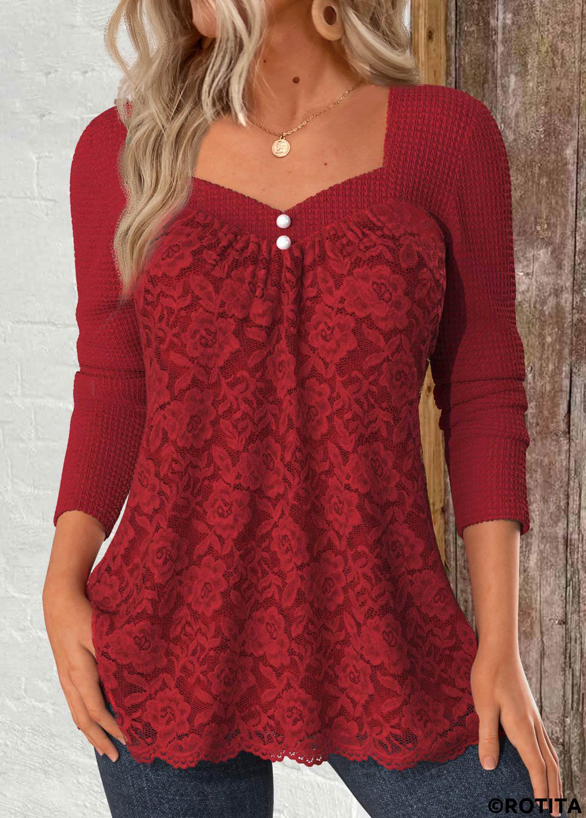 Red tops,Plain Color tops,ROTITA Lace Red Square Neck Long Sleeve T Shirt