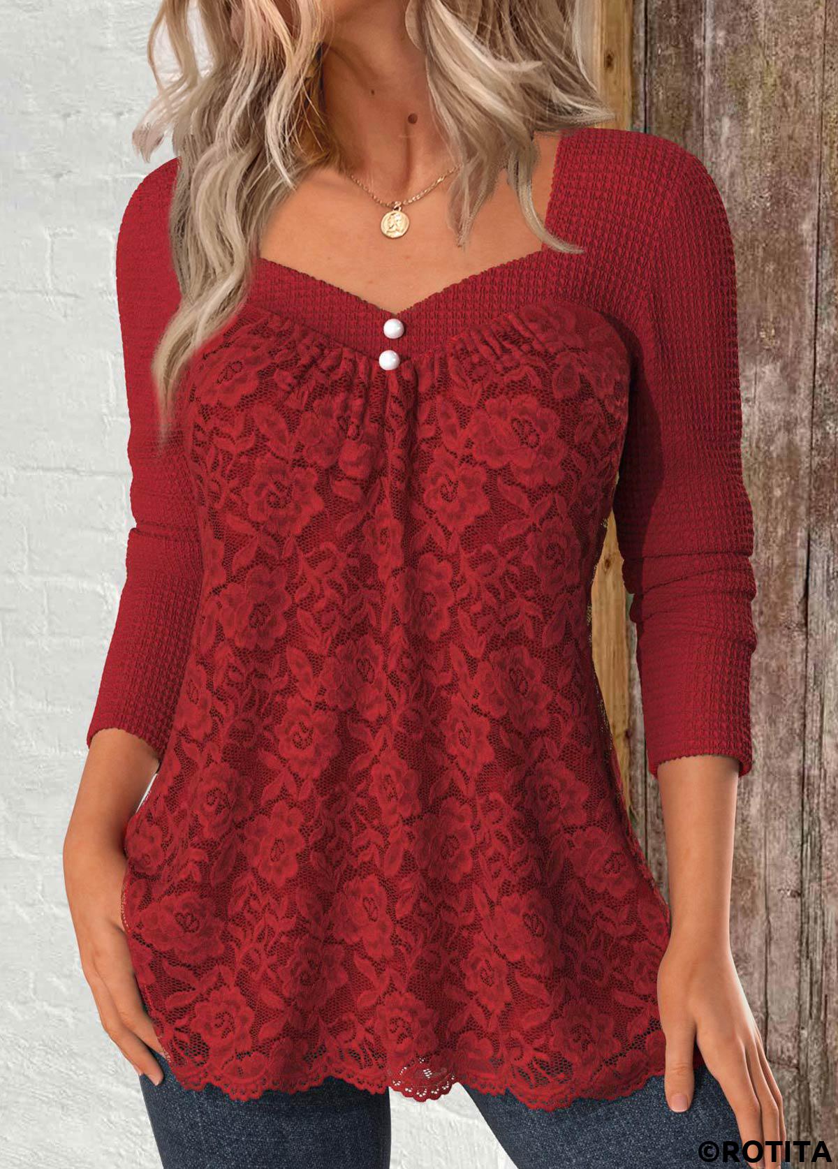 Red tops,Plain Color tops,ROTITA Lace Red Square Neck Long Sleeve T Shirt